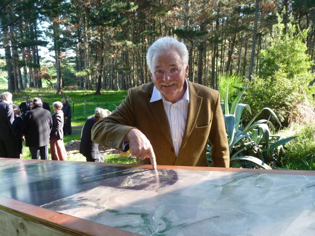 John  Wakeling indicating where the Sculpture Park is on the Absolute Divide